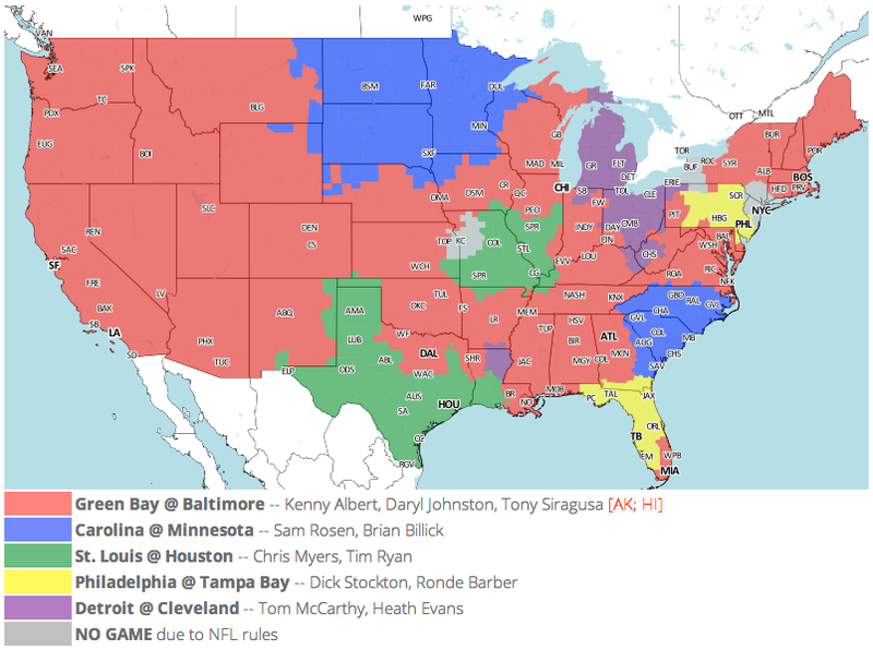 Illustration for article titled Which TV Market's Getting Screwed Today? Your Week 6 NFL Viewing Maps